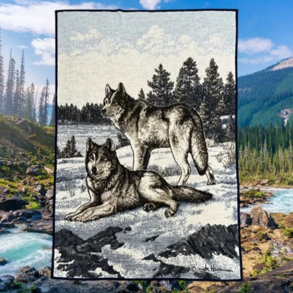 Vintage Biederlack Blue Grey Wolves High Pile Large Blanket James Hautman 76x51 - Picture 1 of 6